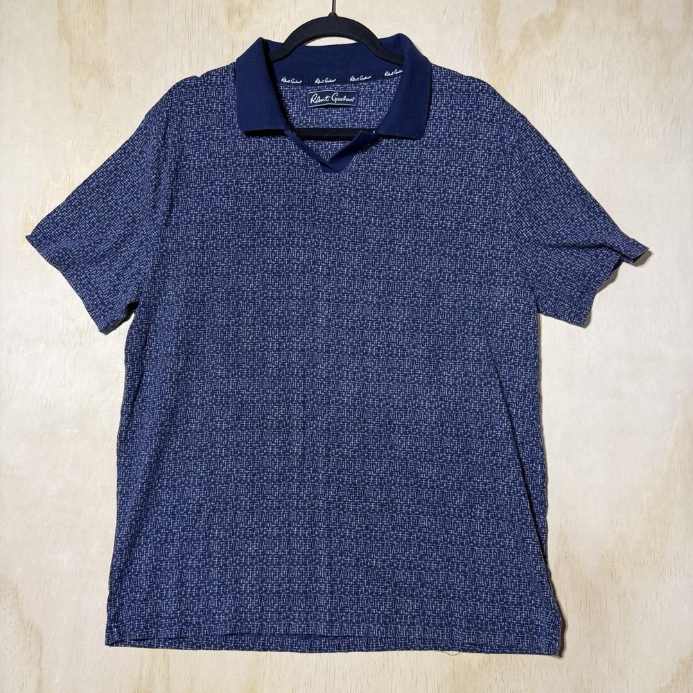 Robert Graham Polo Shirt Men's XL Blue Geometric Print Short Sleeve Cotton Modal